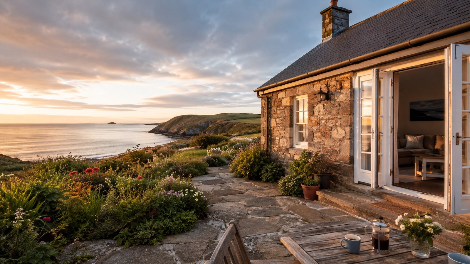 Coastal holiday cottage at sunset