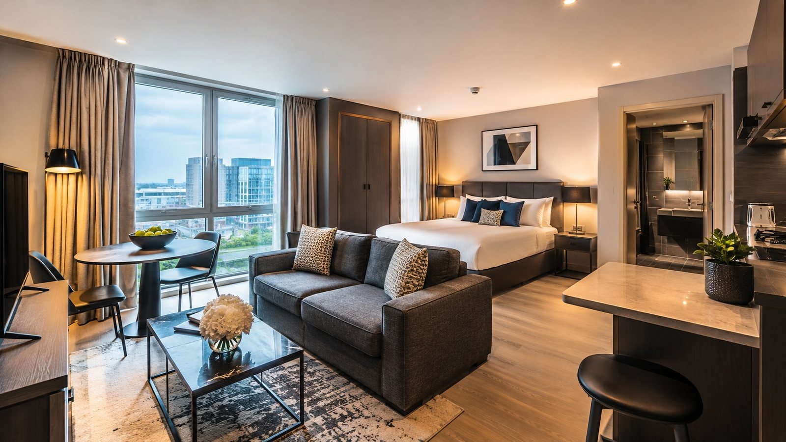 Furnished serviced apartment interior with living and sleeping space